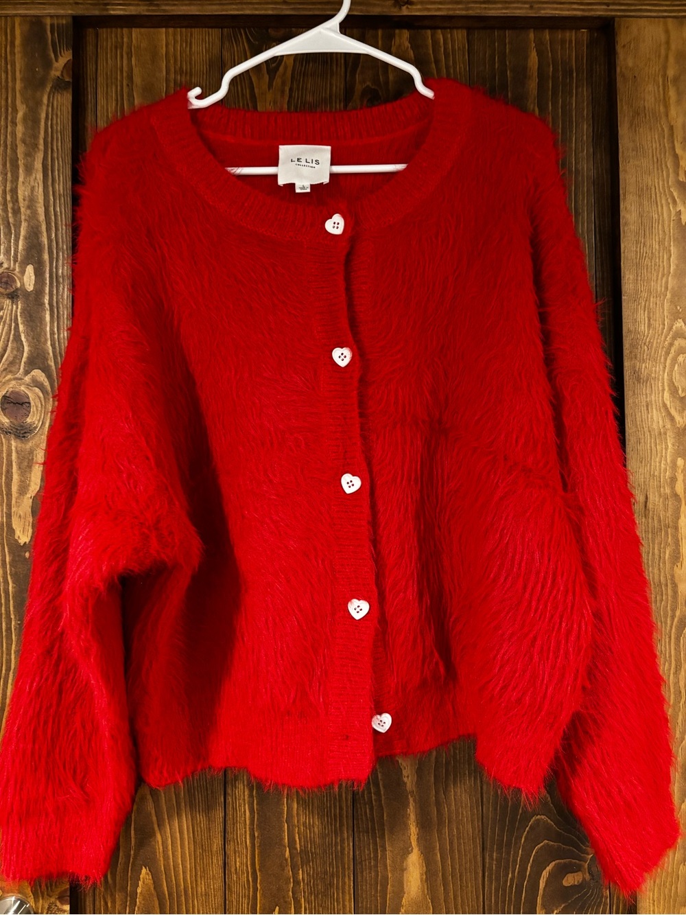 Le Lis Red Forever In Love Cardigan Sweater Large Heart Buttons Fuzzy Eyelash